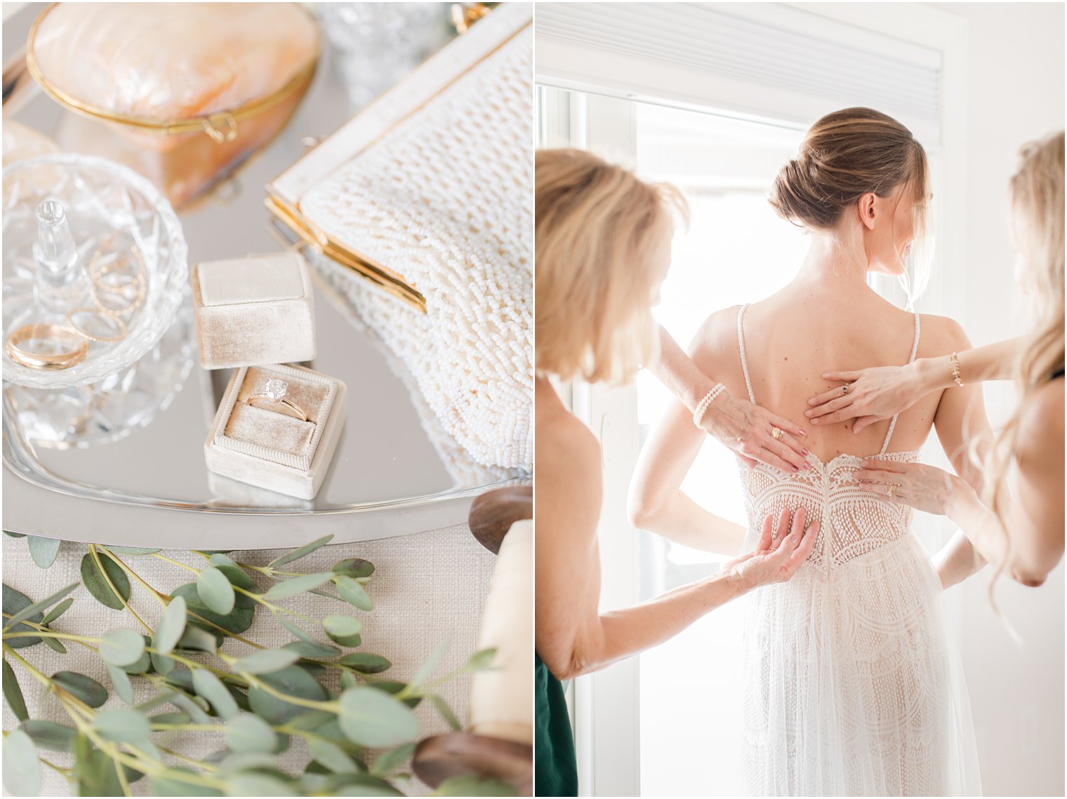 mom and sister help bride with wedding dress