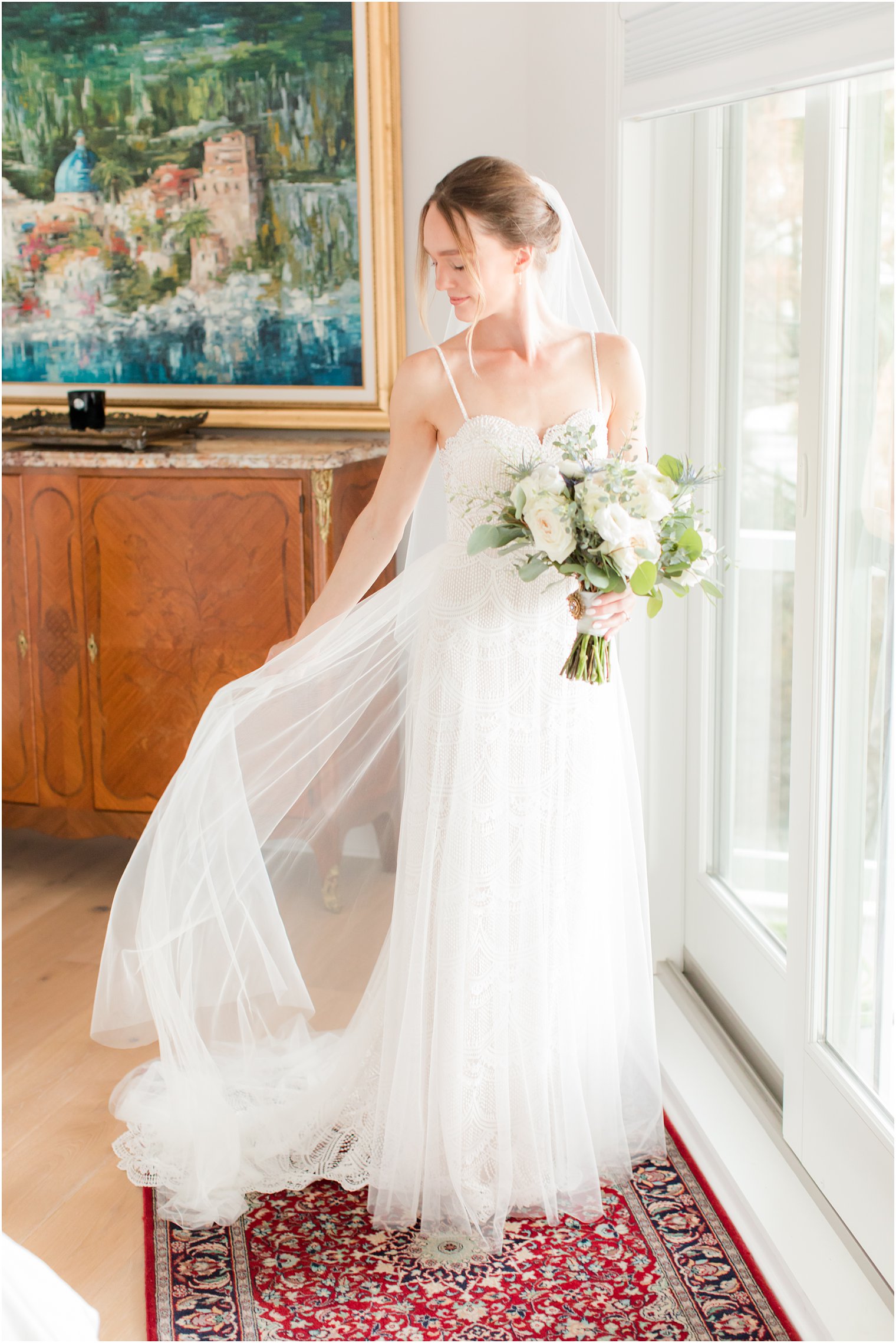 bride prepares for beach wedding in New Jersey