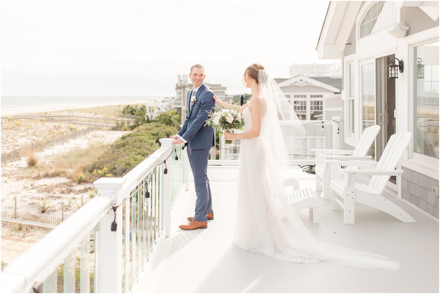 bride approaches groom during first look