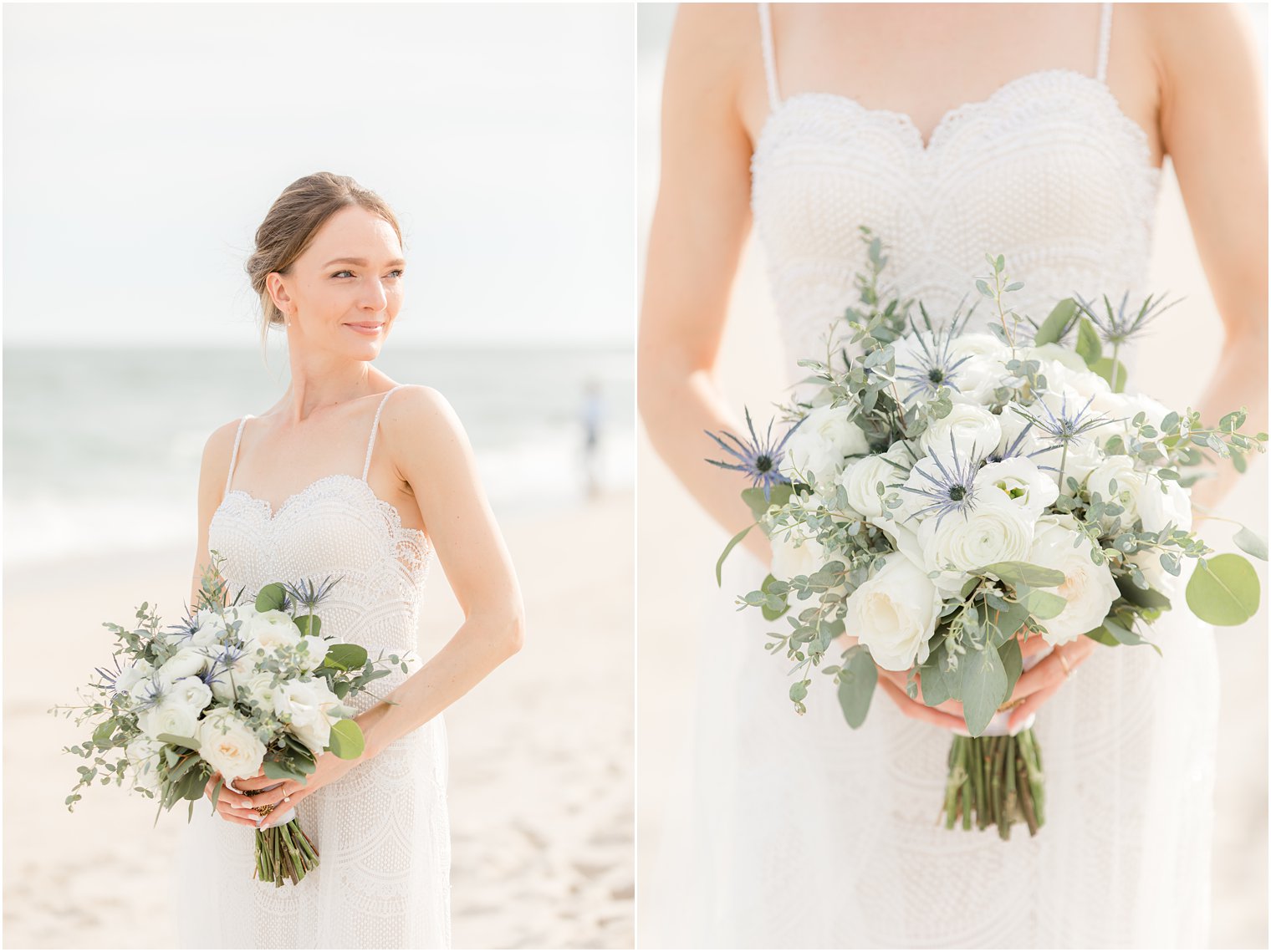 bride holds bouquet of white flowers and greenery on beach