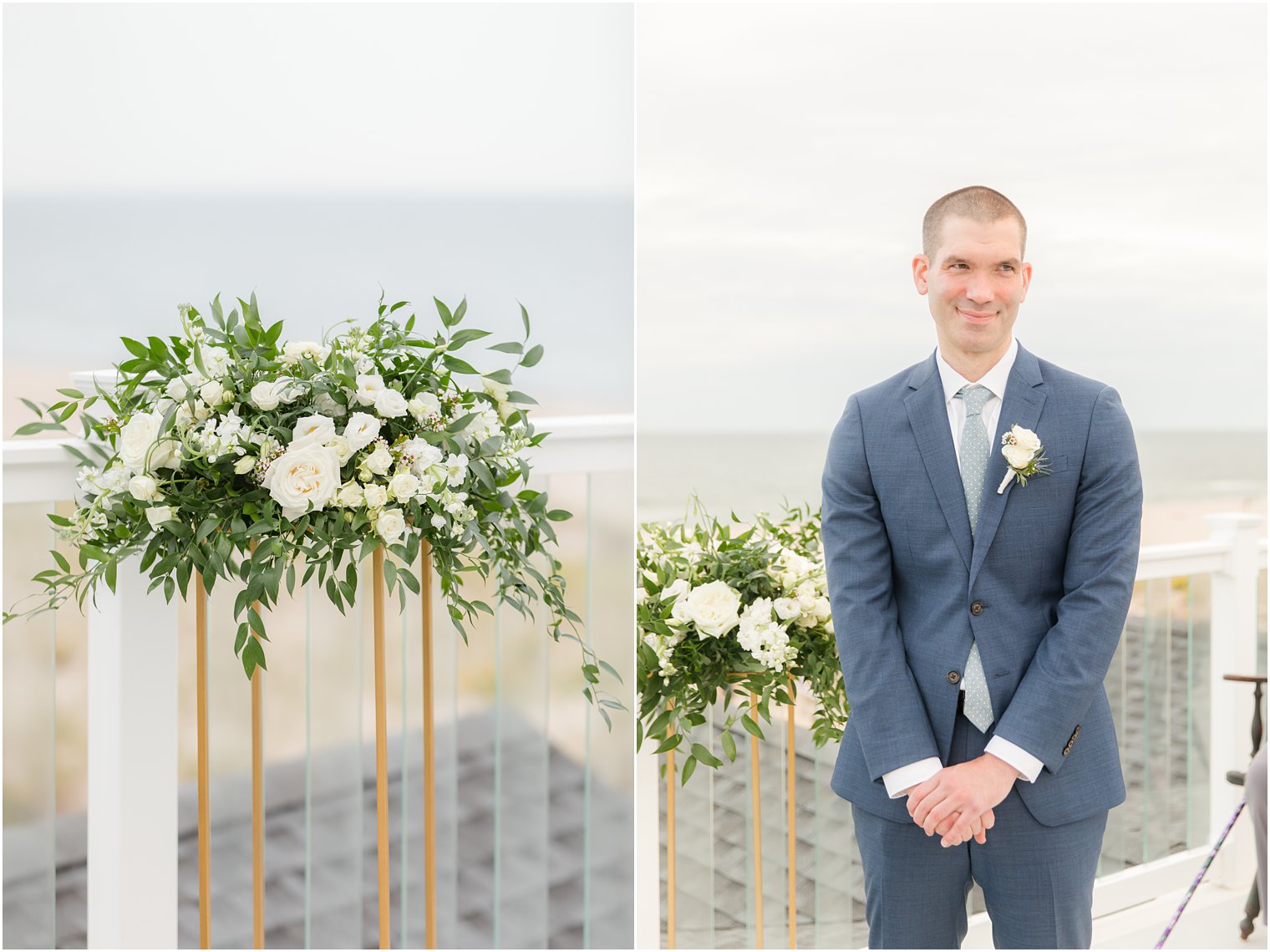 groom stands by floral display for ceremony