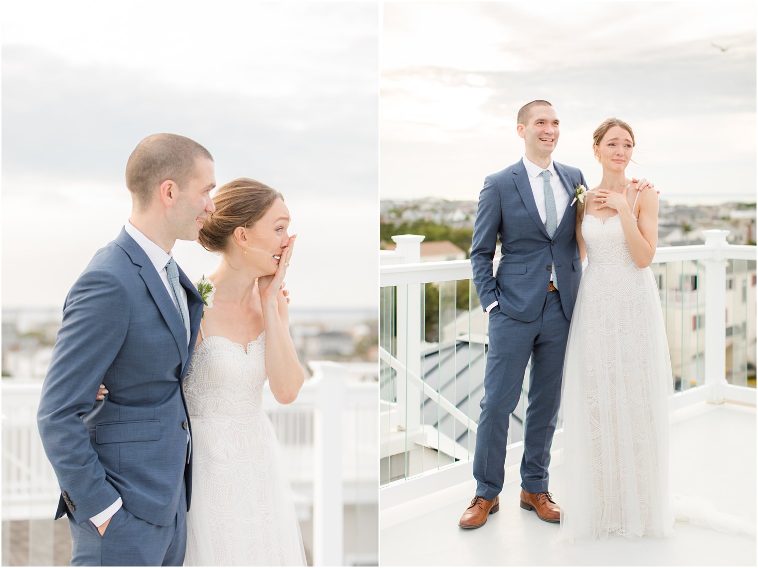 newlyweds cry during wedding portraits on Long Beach Island