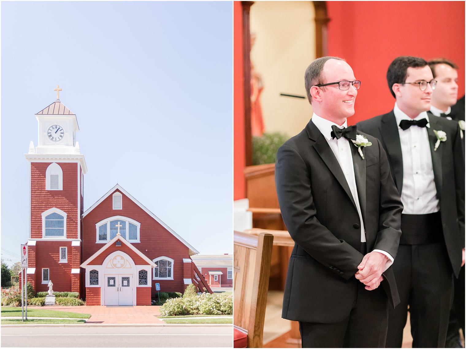 groom's reaction to bride walking down aisle during traditional church wedding in New Jersey