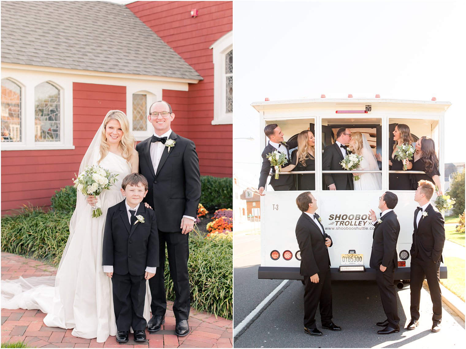 bride and groom pose with ring bearer 