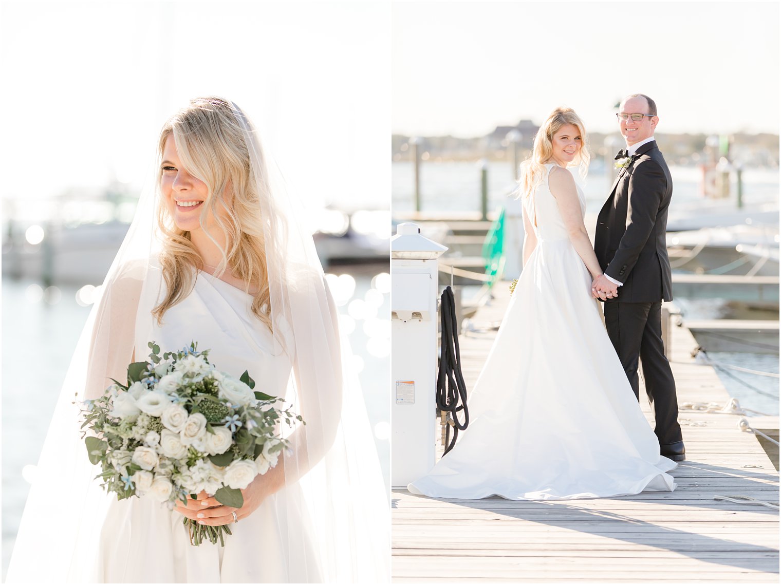 New Jersey wedding portraits on pier along Barnegt Bay