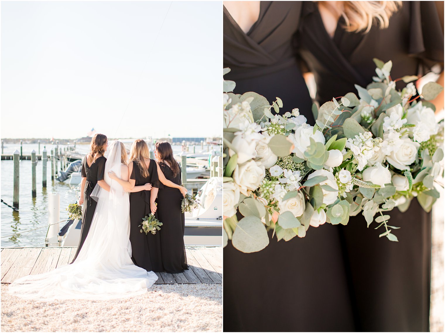 bride poses with bridesmaids in black dresses looking at Barnegat Bay