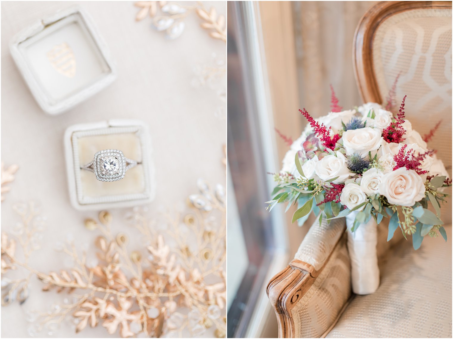 bride's diamond engagement ring and bouquet with pops of red ferns