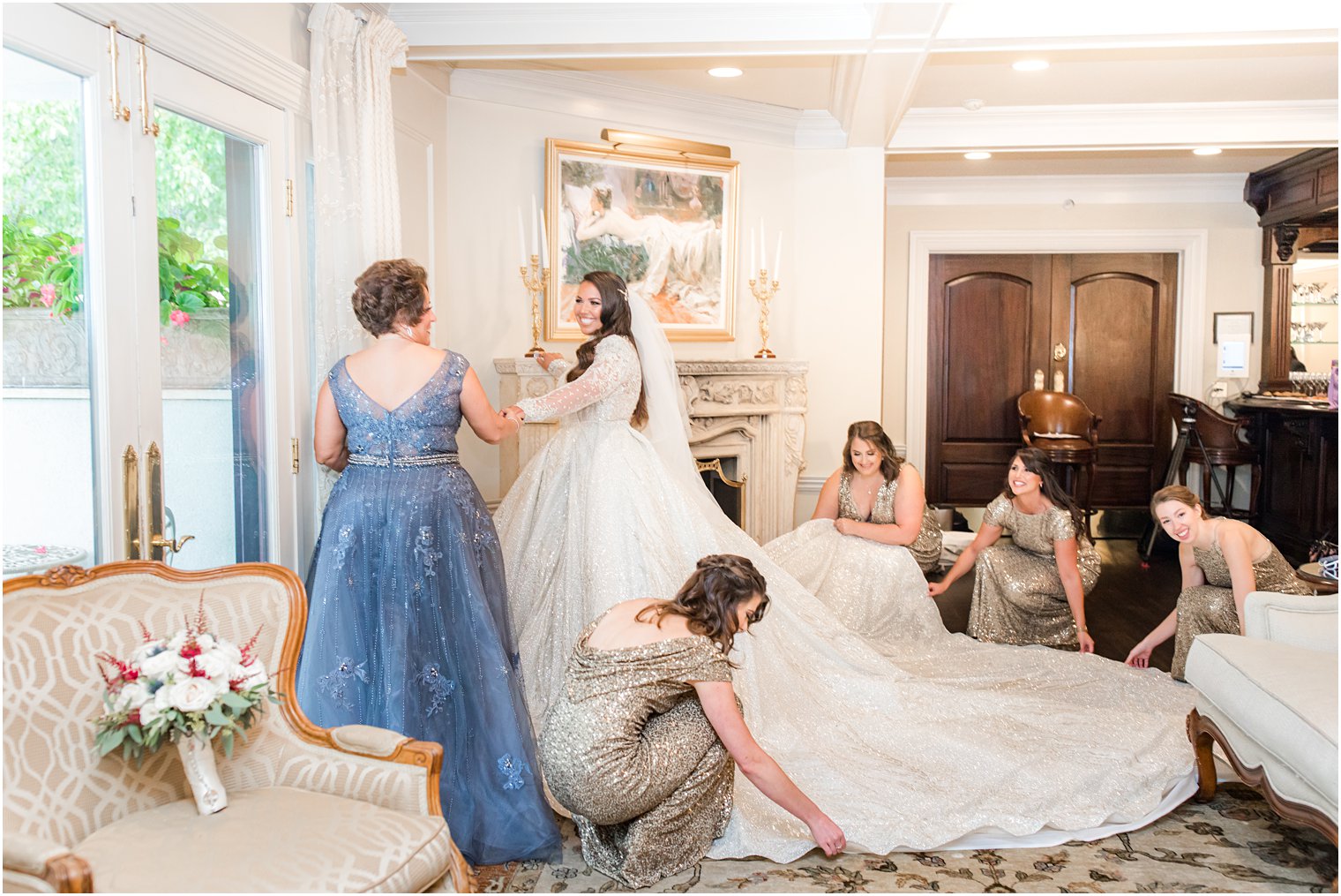 bridesmaids help New Jersey bride prepare for Nanina's in the Park wedding
