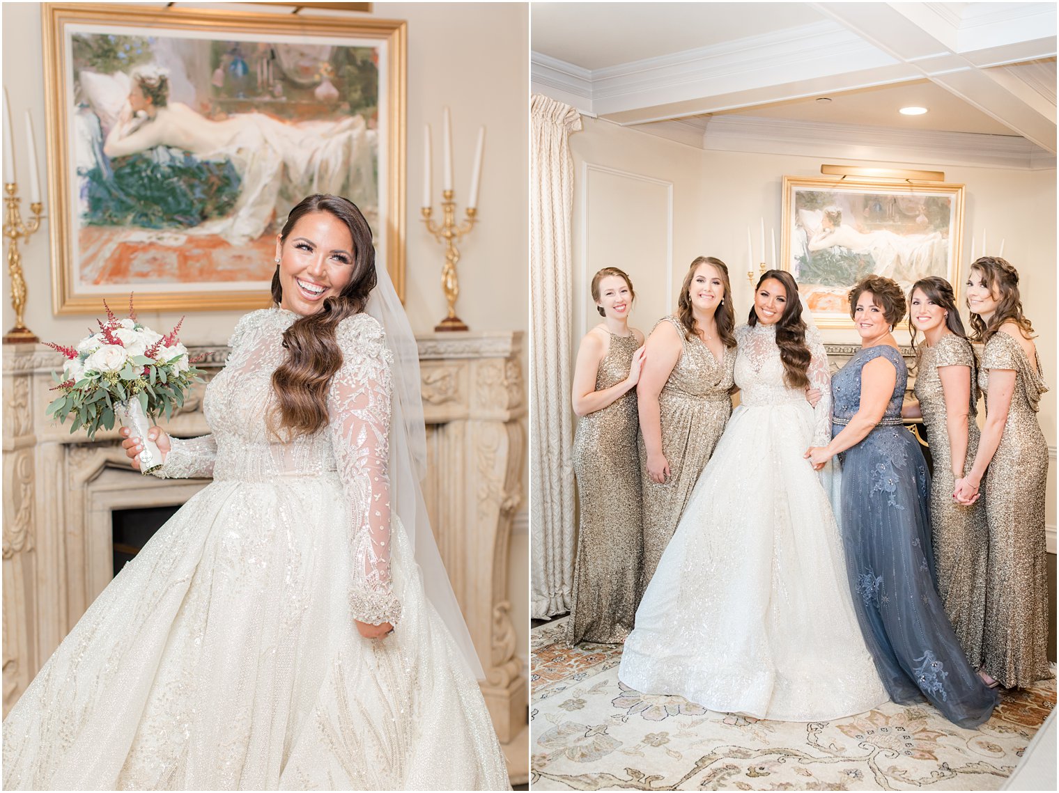 bride laughs while holding bouquet and poses with bridesmaids in gold gowns