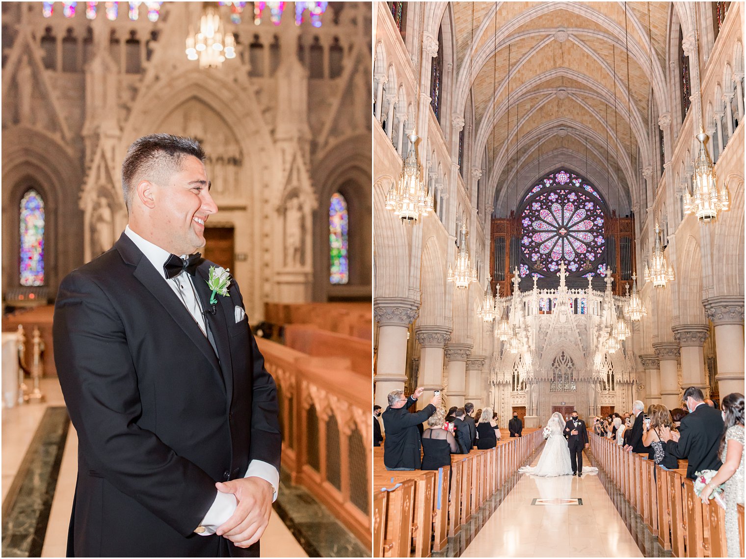 groom waits for bride at altar at Cathedral Basilica of the Sacred Heart