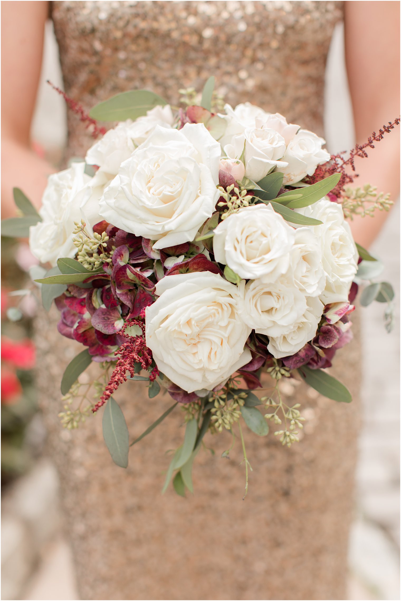 fall wedding bouquet for bridesmaid in gold gown