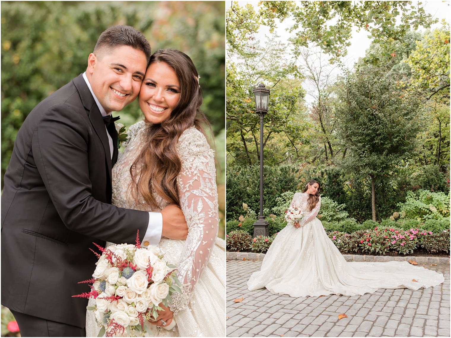 bridal portrait with bride's train behind her at Nanina's in the Park