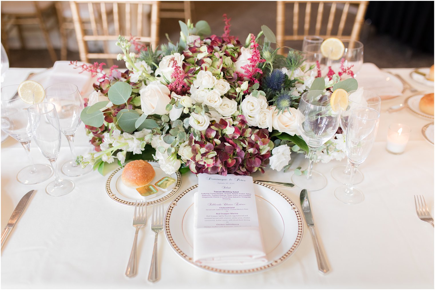 elegant fall wedding reception place setting at Nanina's in the Park