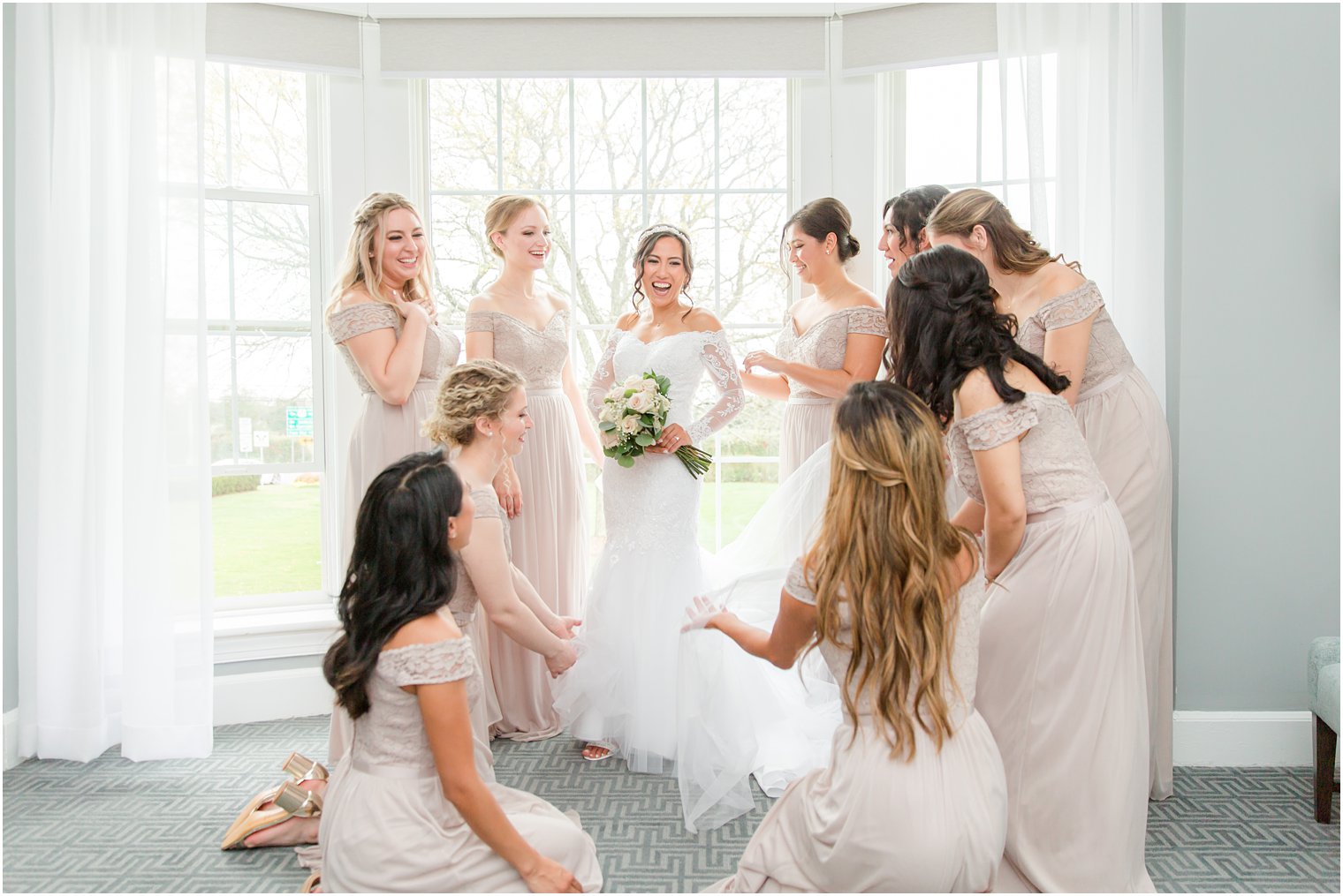 bride and bridesmaids prepare for New Jersey wedding at Seaview Hotel