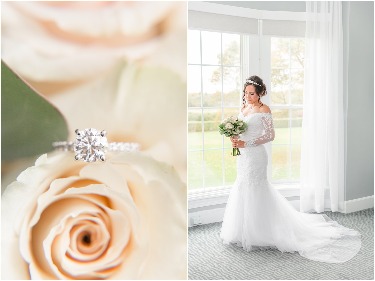 bride poses by window before NJ wedding