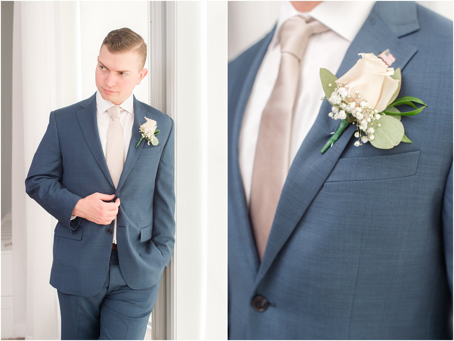 groom wears navy jacket with pale ivory rose boutonnière 