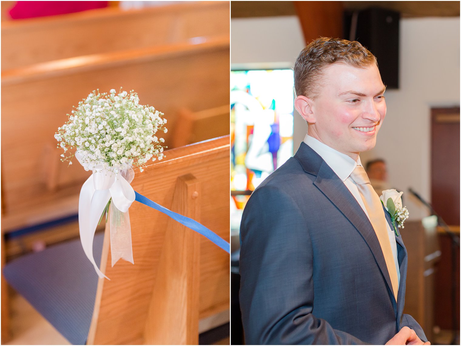 groom watches bride walk down aisle during traditional church wedding in New Jersey