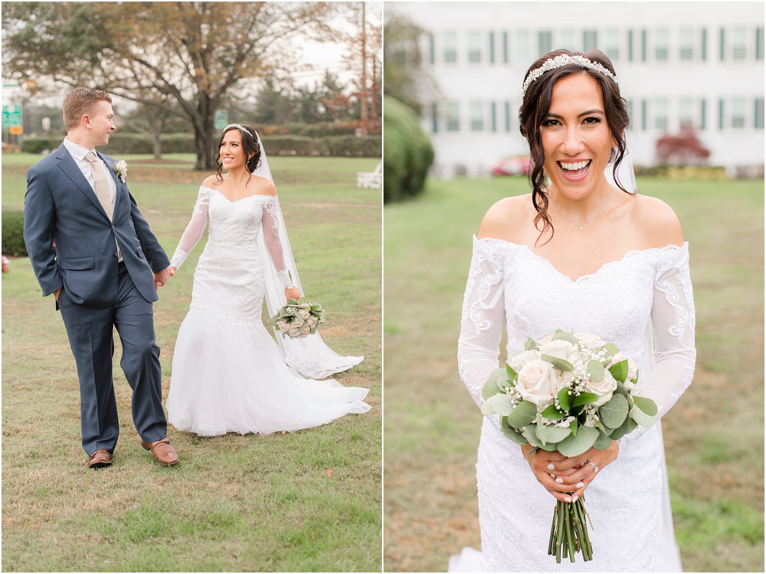 bride and groom walk together during NJ wedding photos