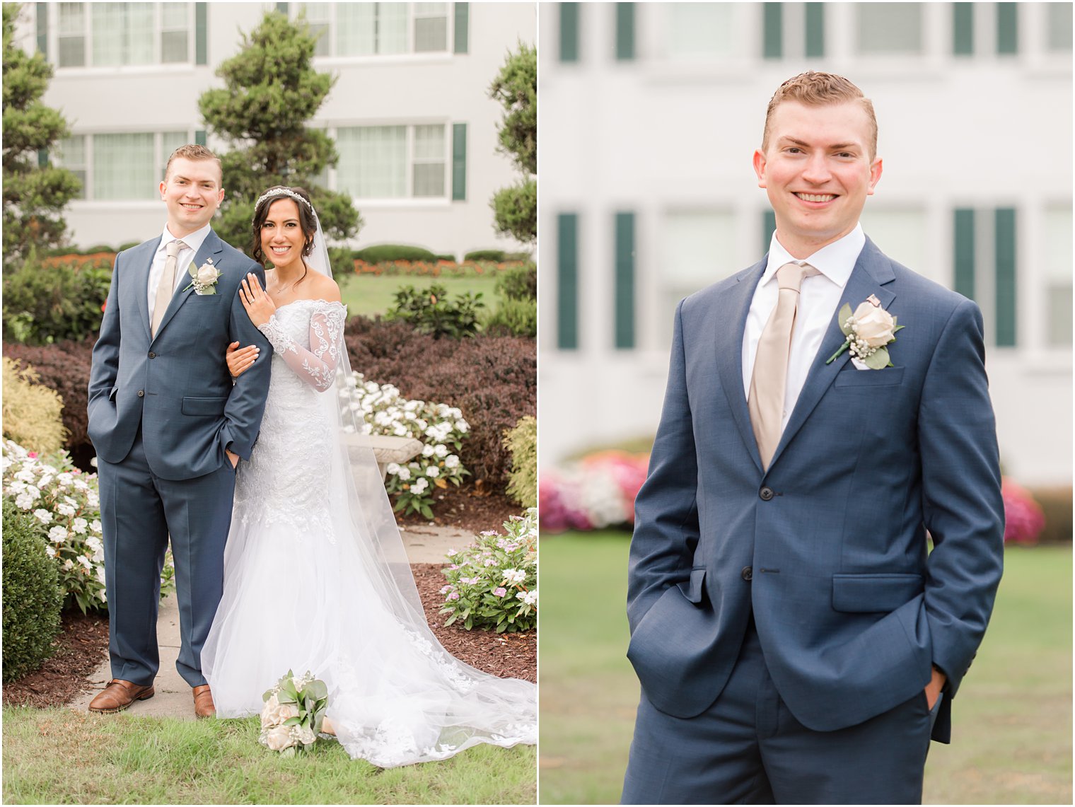 bride leans against groom's arm during NJ wedding portraits at Seaview Hotel