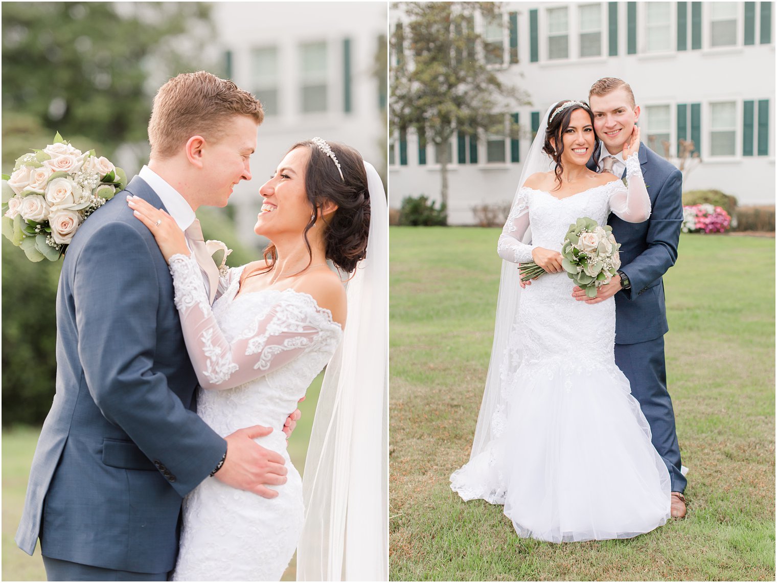 bride and groom stand together hugging during Seaview Hotel wedding photos