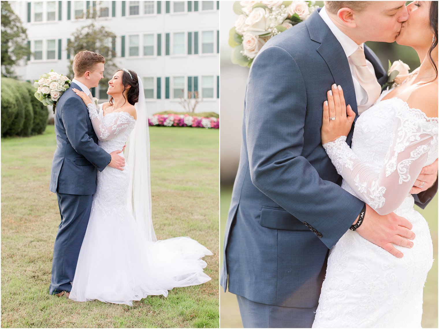 bride and groom kiss during Seaview Hotel Wedding photos