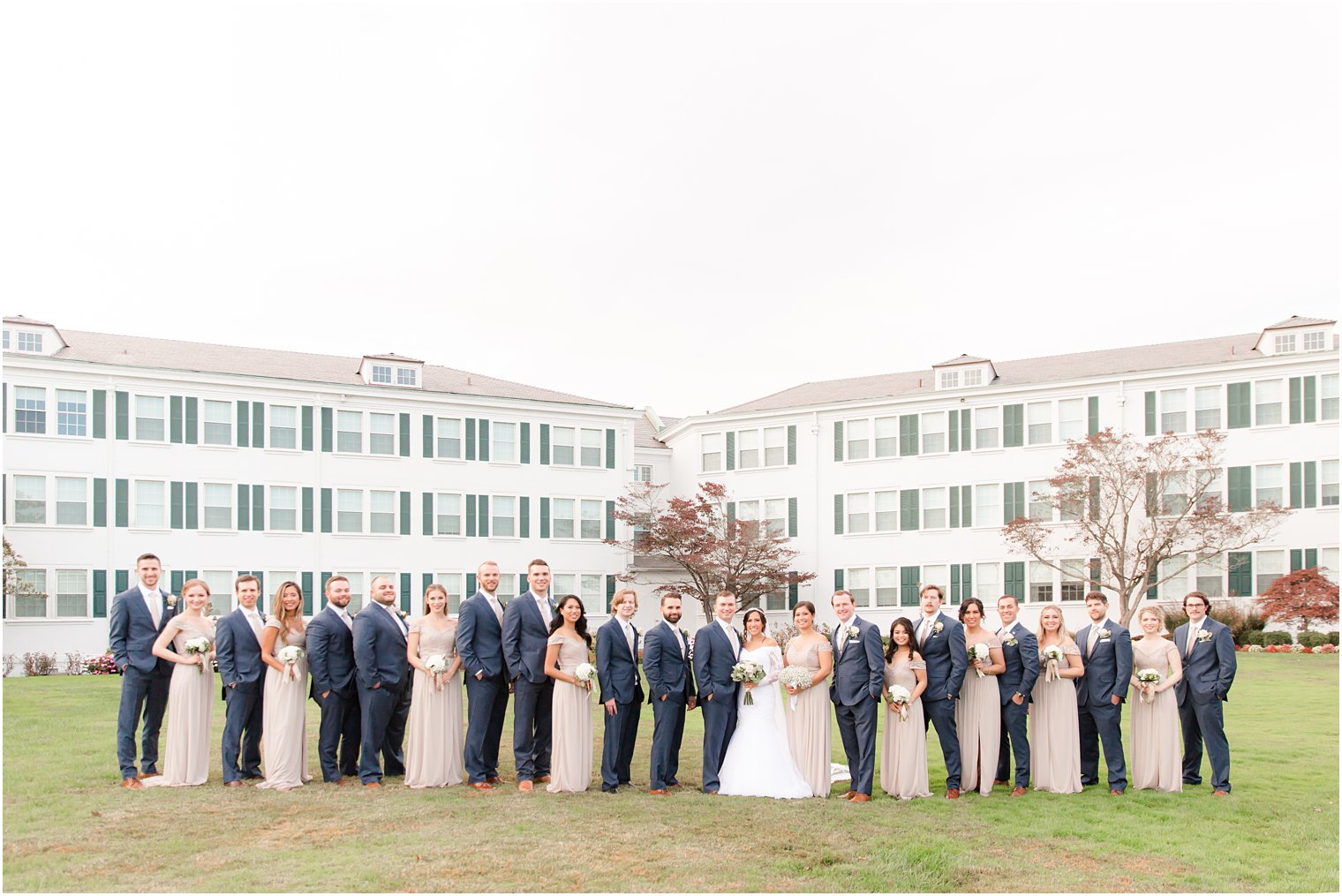 bridal party stands outside Seaview Hotel in Galloway NJ
