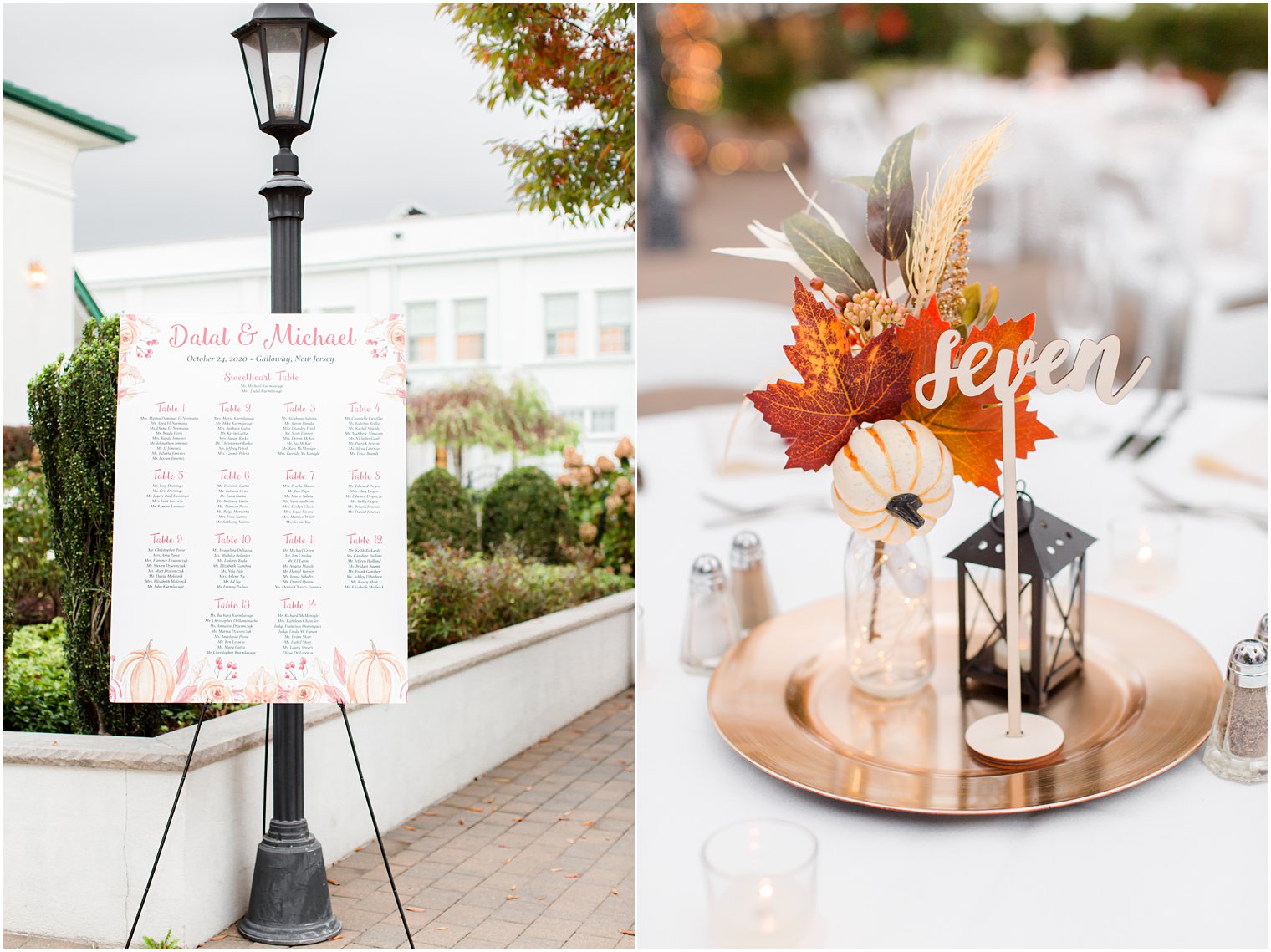elegant fall wedding reception centerpieces with lanterns and pumpkins
