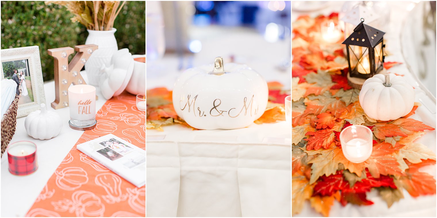 fall wedding reception details at Seaview Hotel with leaves and pumpkins