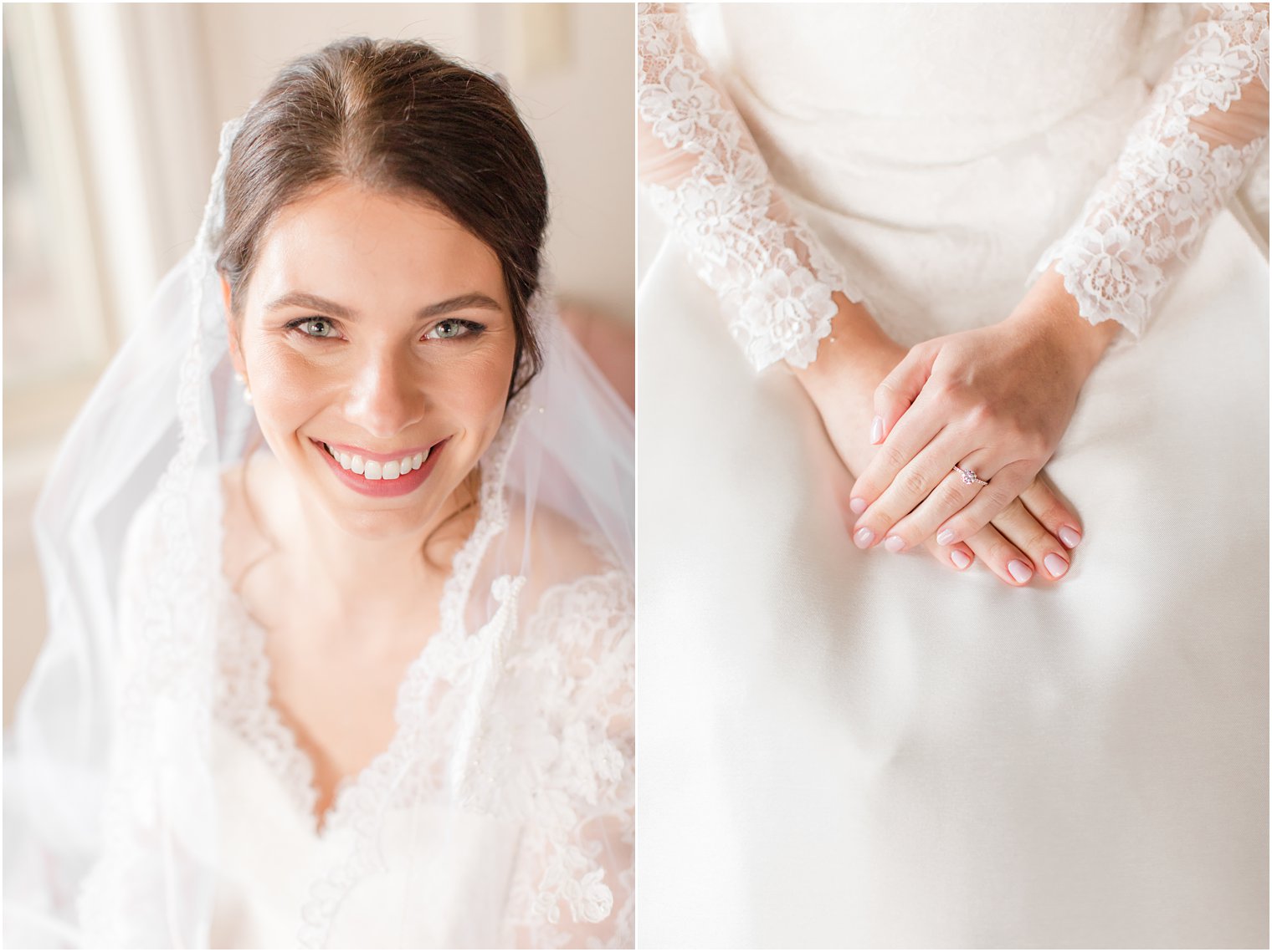 bride in gown with lace details poses for bridal portraits