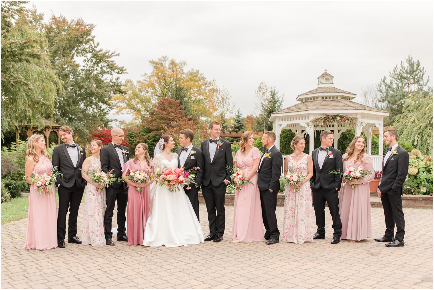 New Jersey bridal party poses in gardens at Conservatory at the Sussex County Fairgrounds