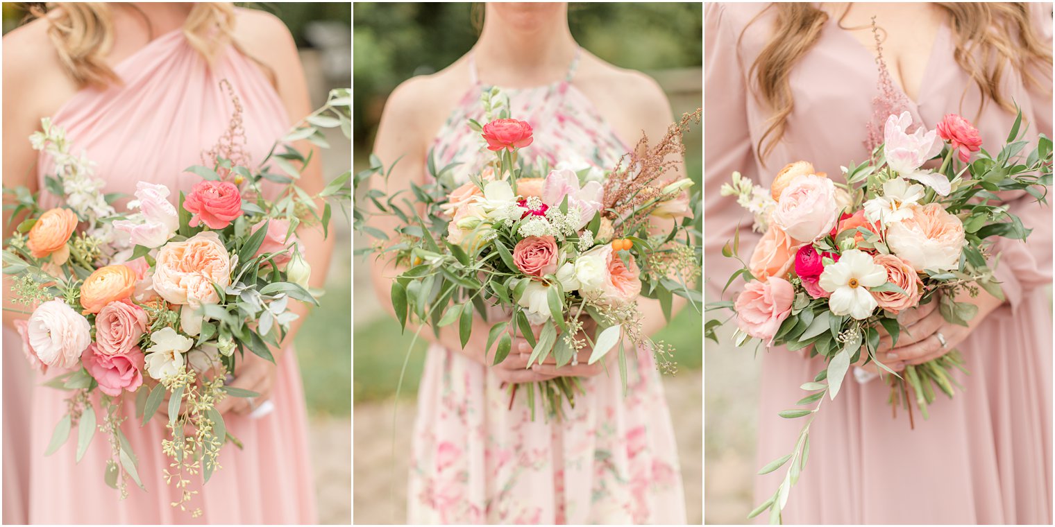 bridesmaids hold bouquets with peach peonies
