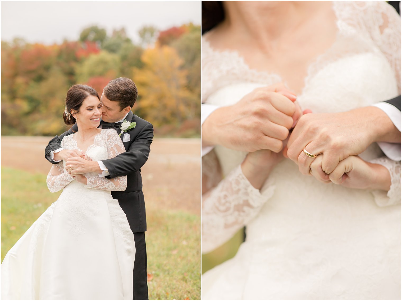 groom hugs bride from behind during NJ wedding portraits