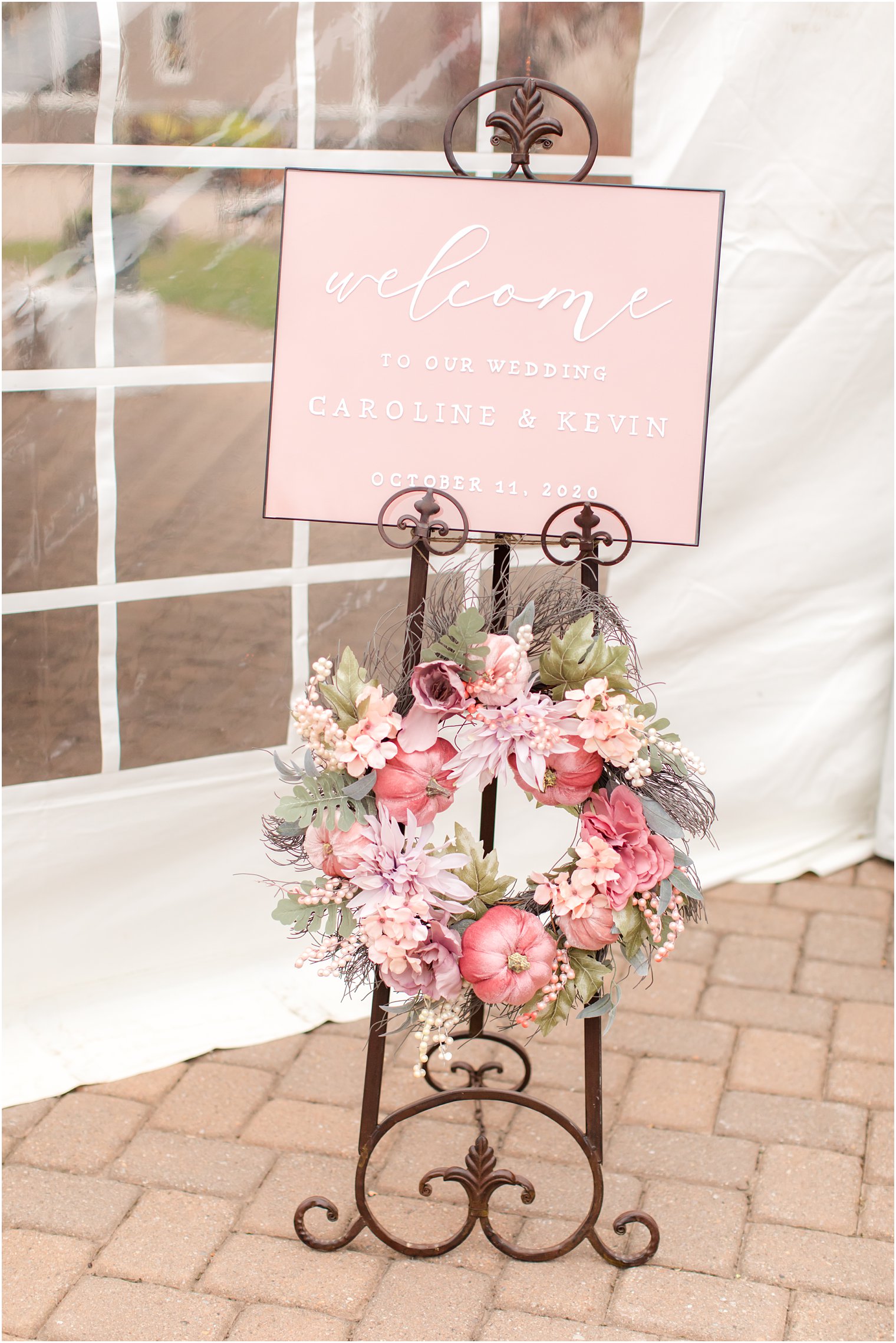 pink welcome sign for NJ wedding reception