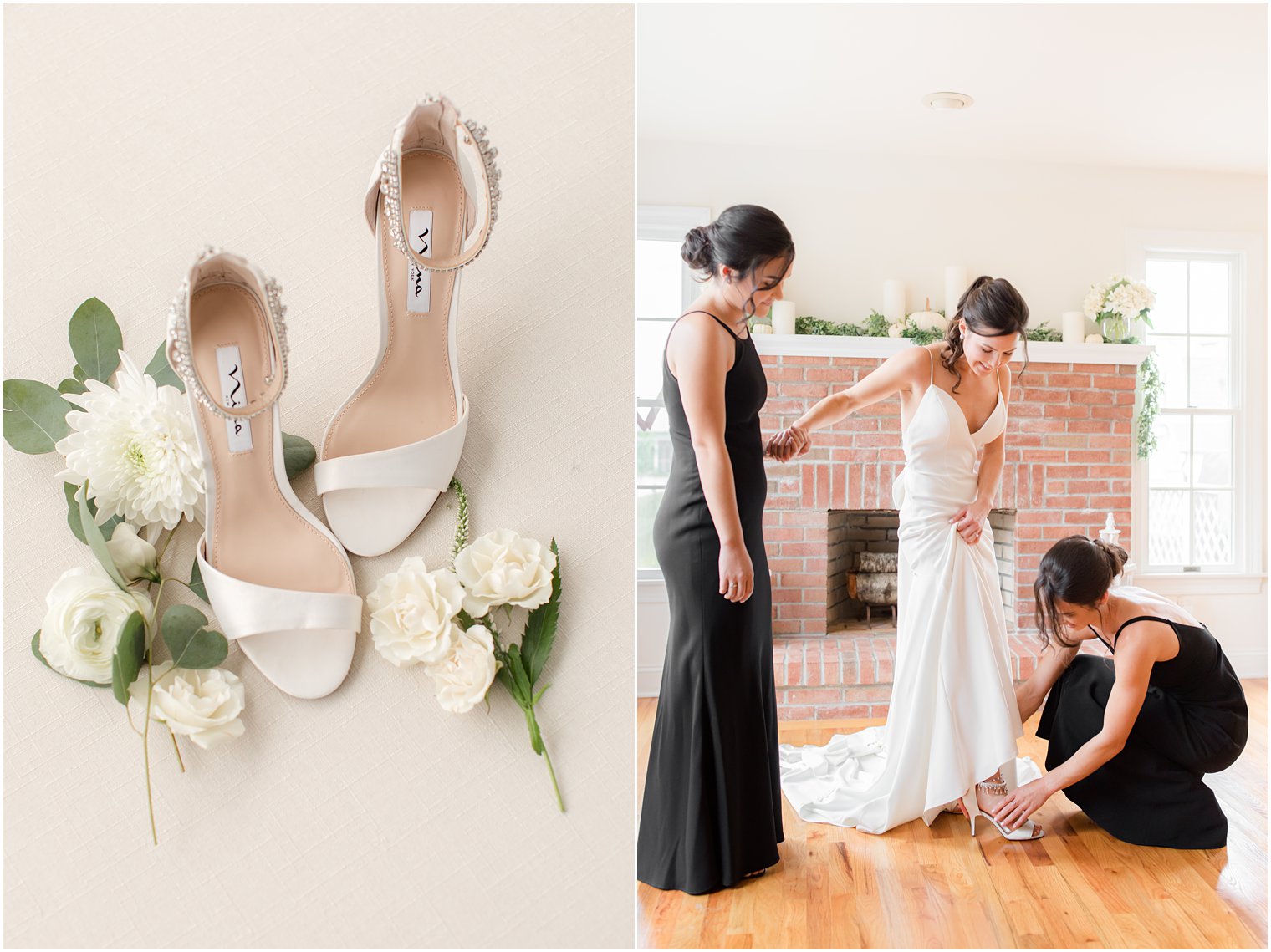bride gets into wedding shoes with bridesmaids at home