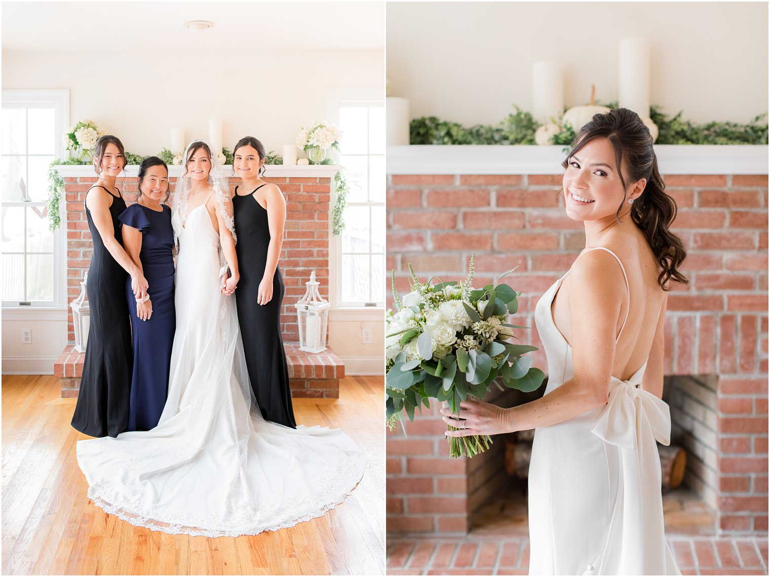 bride poses with mom and sisters at home before NJ wedding