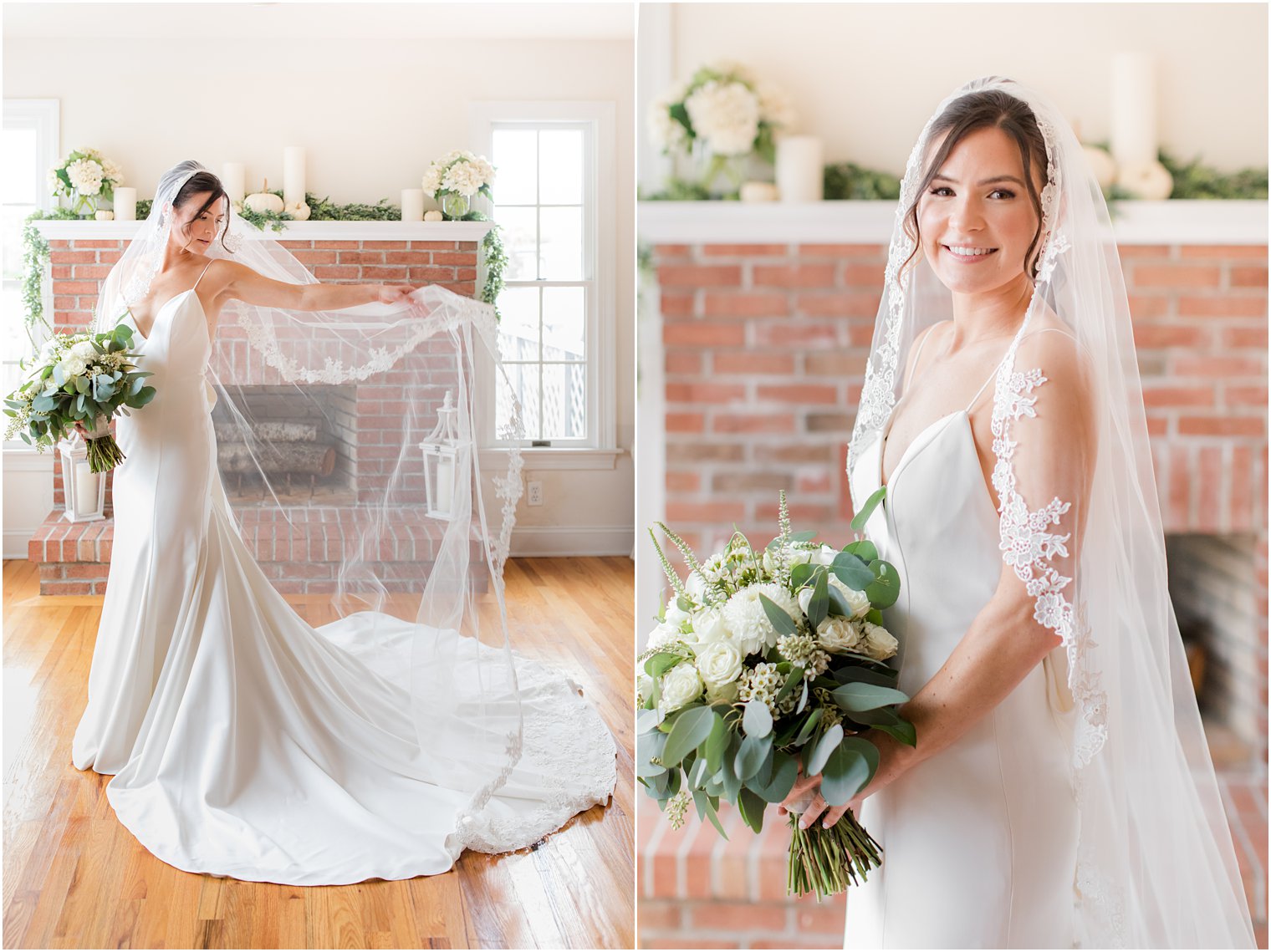 bride lifts wedding veil while standing in front of brick fireplace
