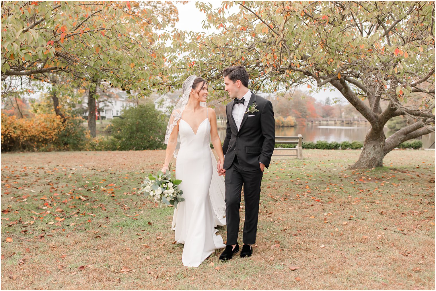 fall wedding portraits of bride and groom at Divine Park in Spring Lake NJ