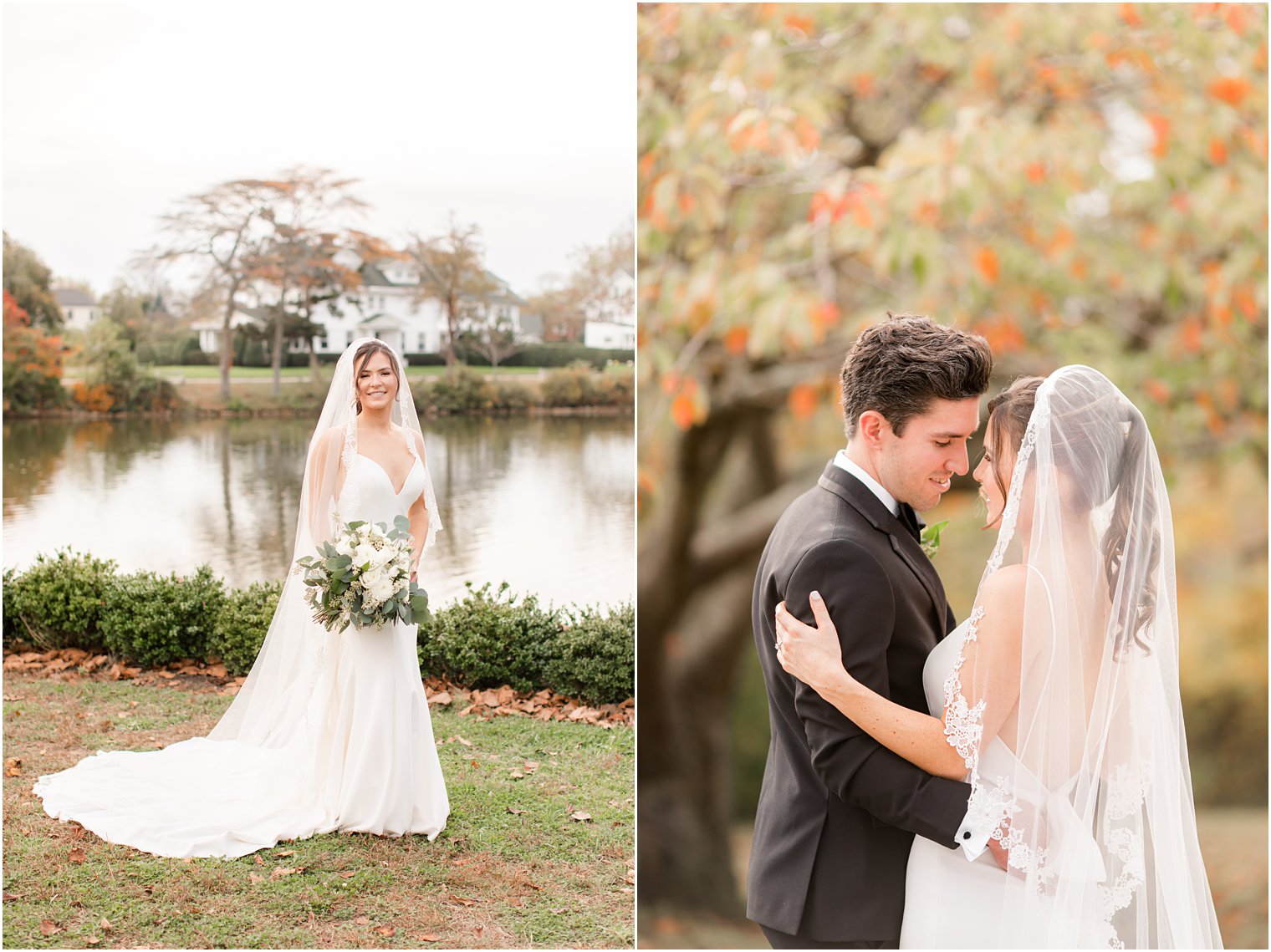 bride and groom pose by lake in Divine Park in Spring Lake NJ