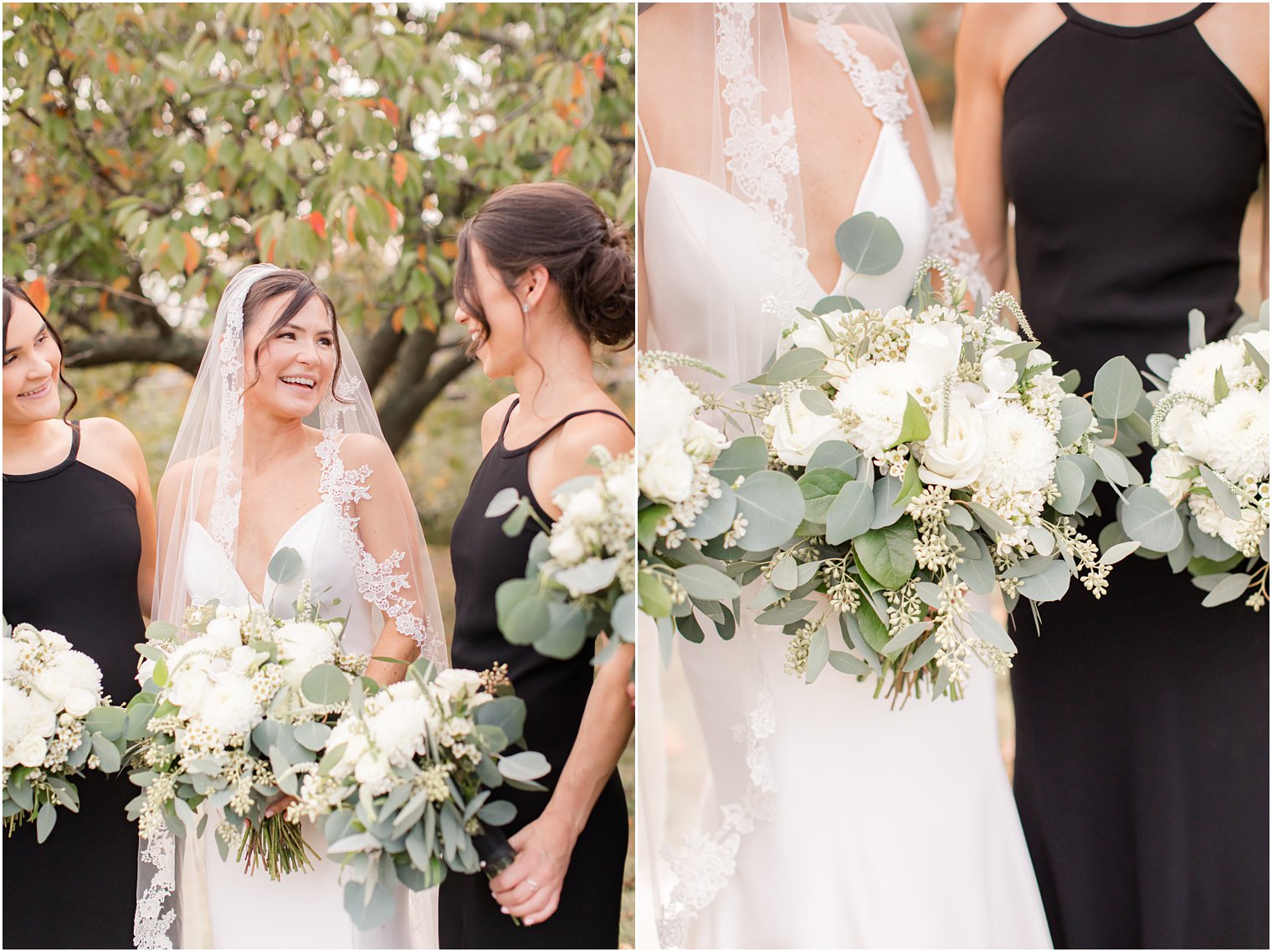 bride and bridesmaids hold bouquets with white flowers and green accents