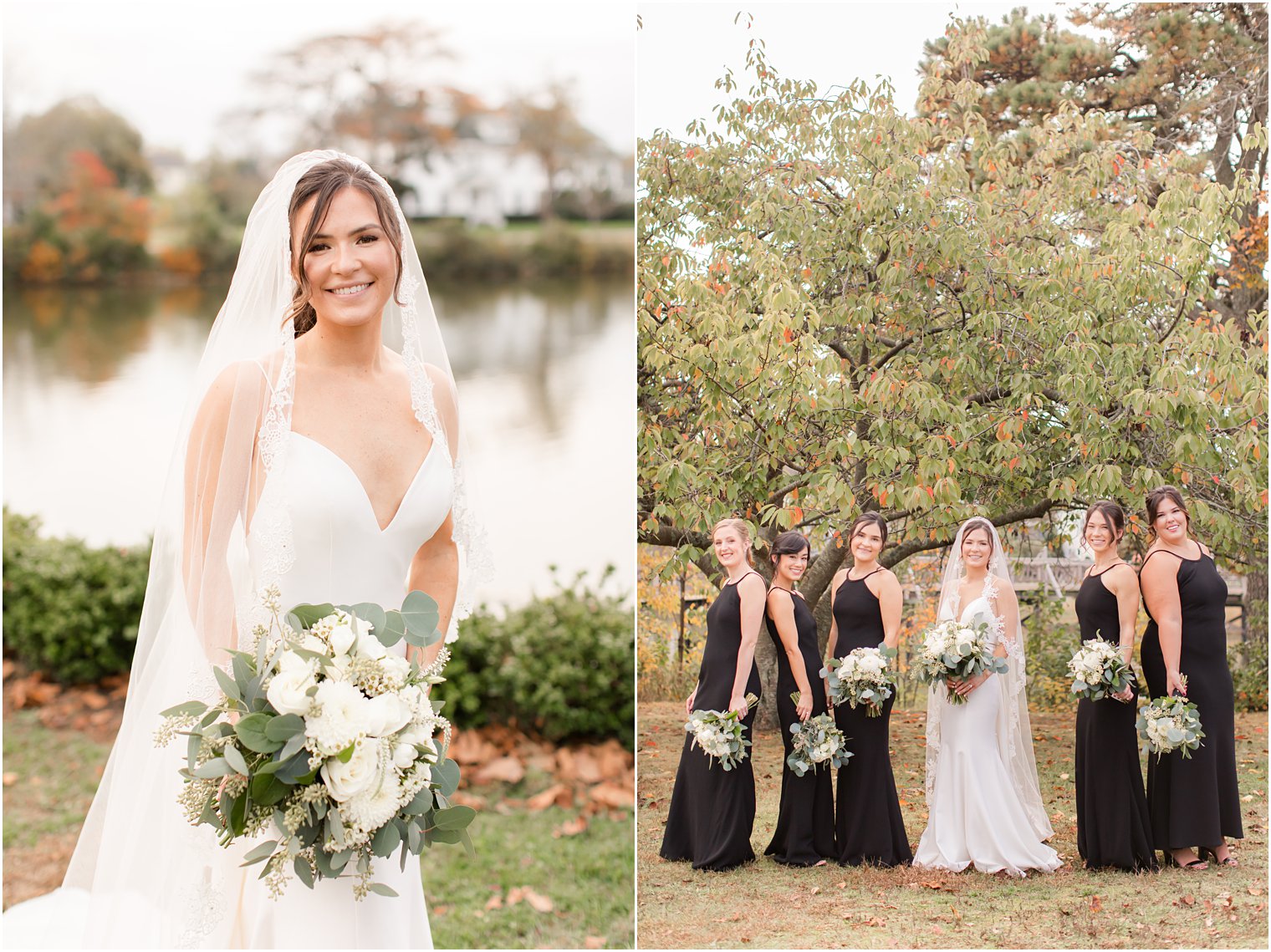 bride in modern wedding dress with veil poses with bridesmaids in chic black bridesmaid gowns