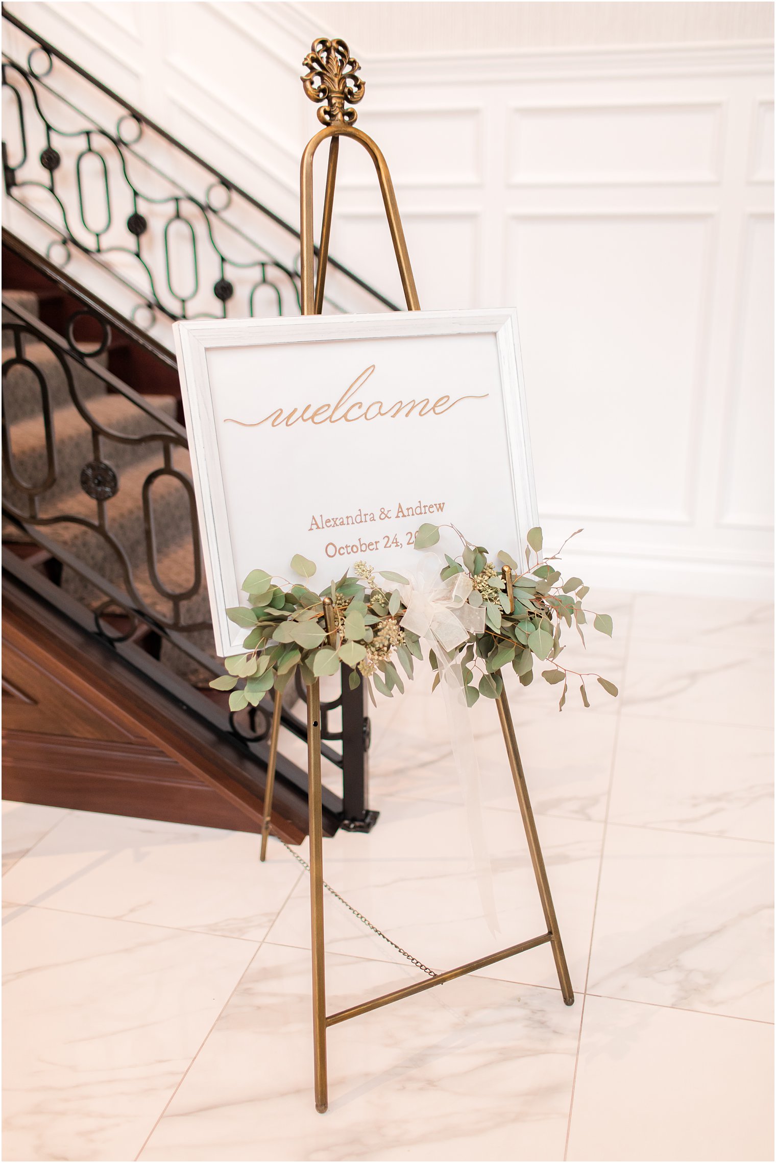 elegant gold and ivory welcome sign for The Mill Lakeside Manor Wedding reception