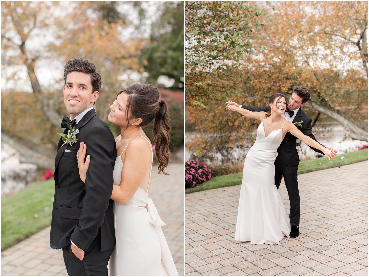 bride and groom have fun during wedding portraits in Spring Lake NJ