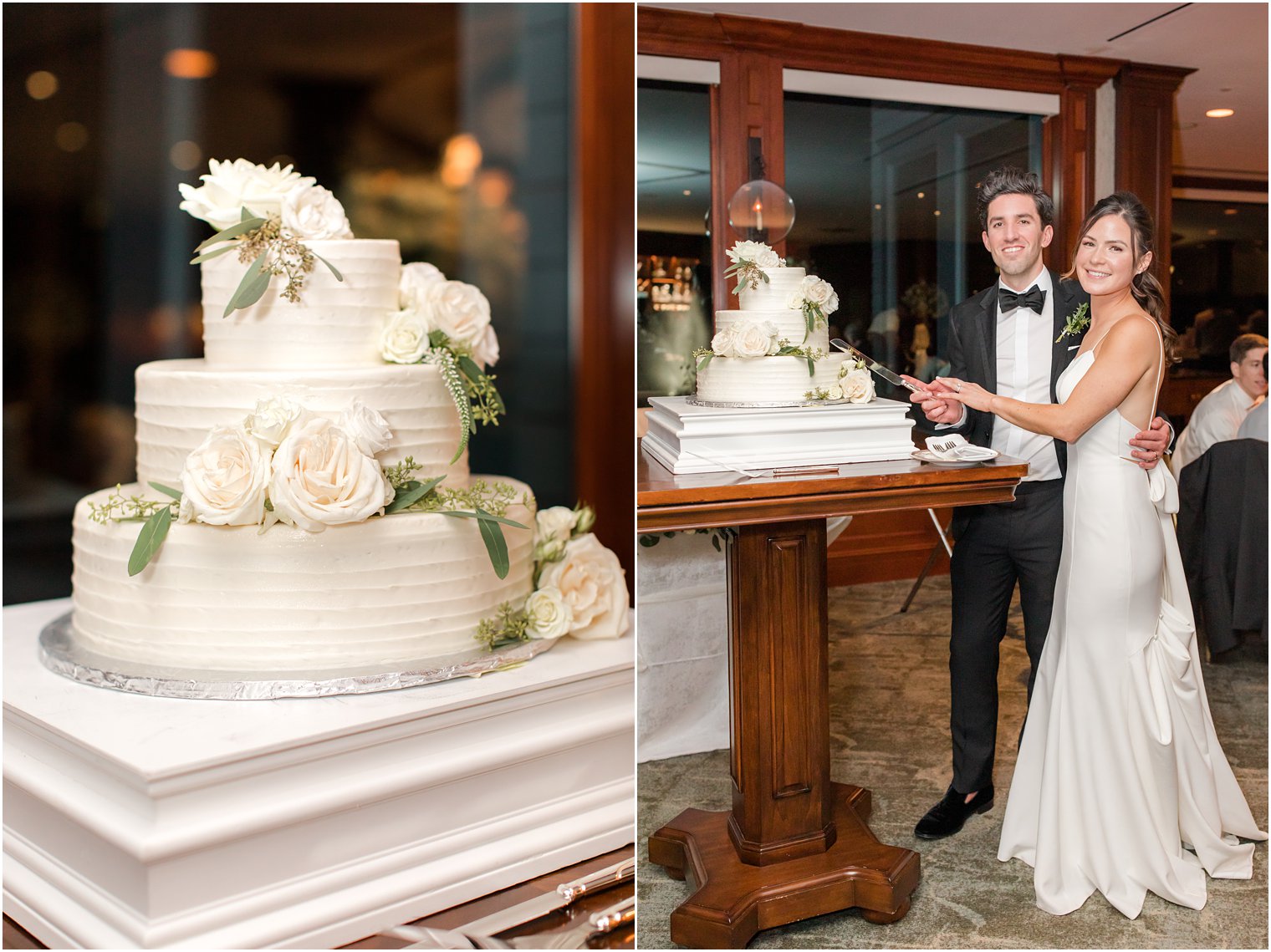 newlyweds cut wedding cake at The Mill Lakeside Manor wedding reception