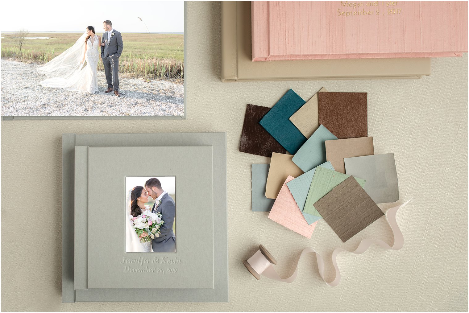Linen wedding albums with color swatches