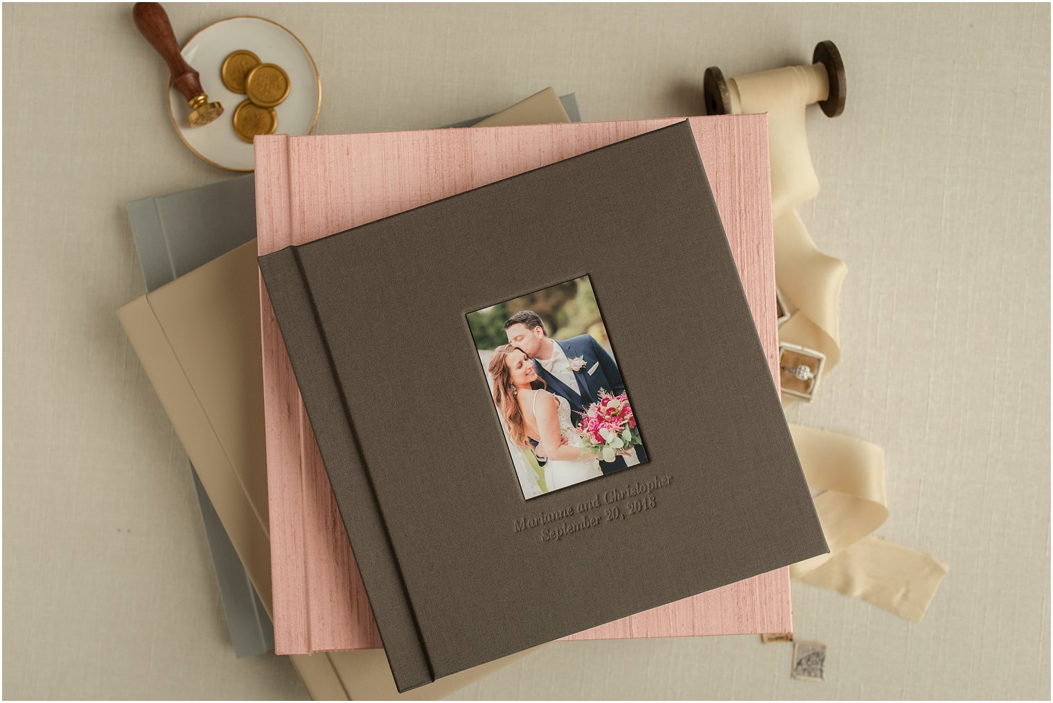 Brown linen album with cover photo