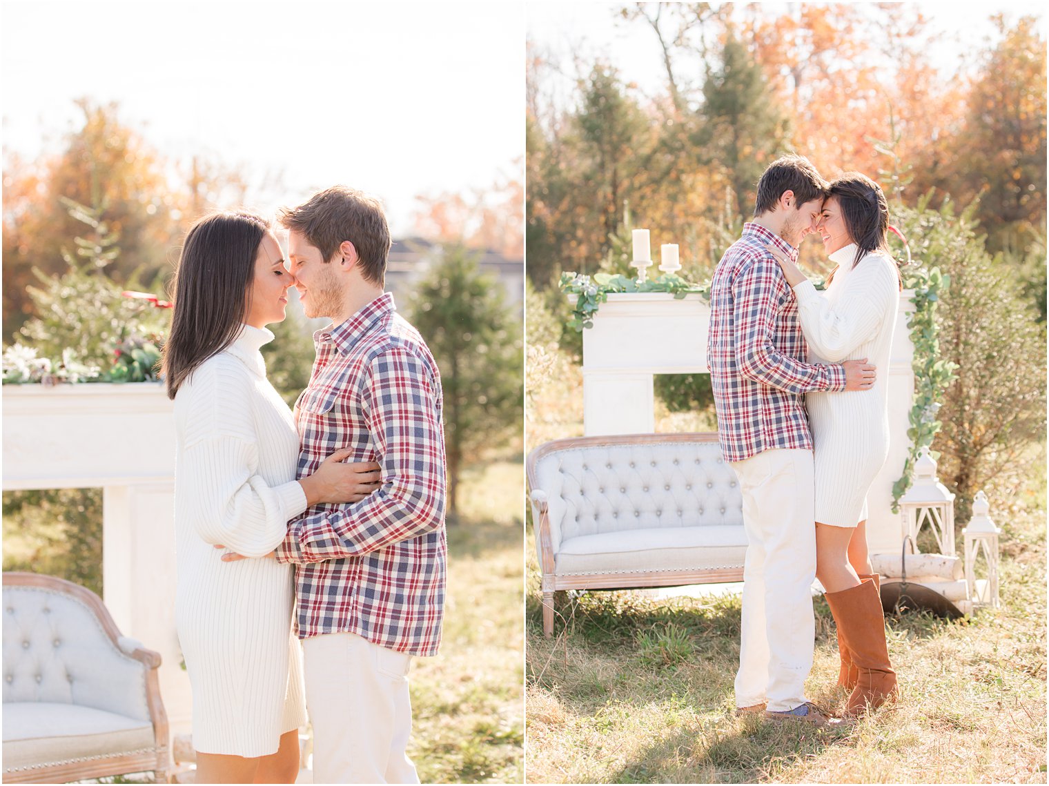 bride and groom pose by couch during stylized Christmas engagement photos