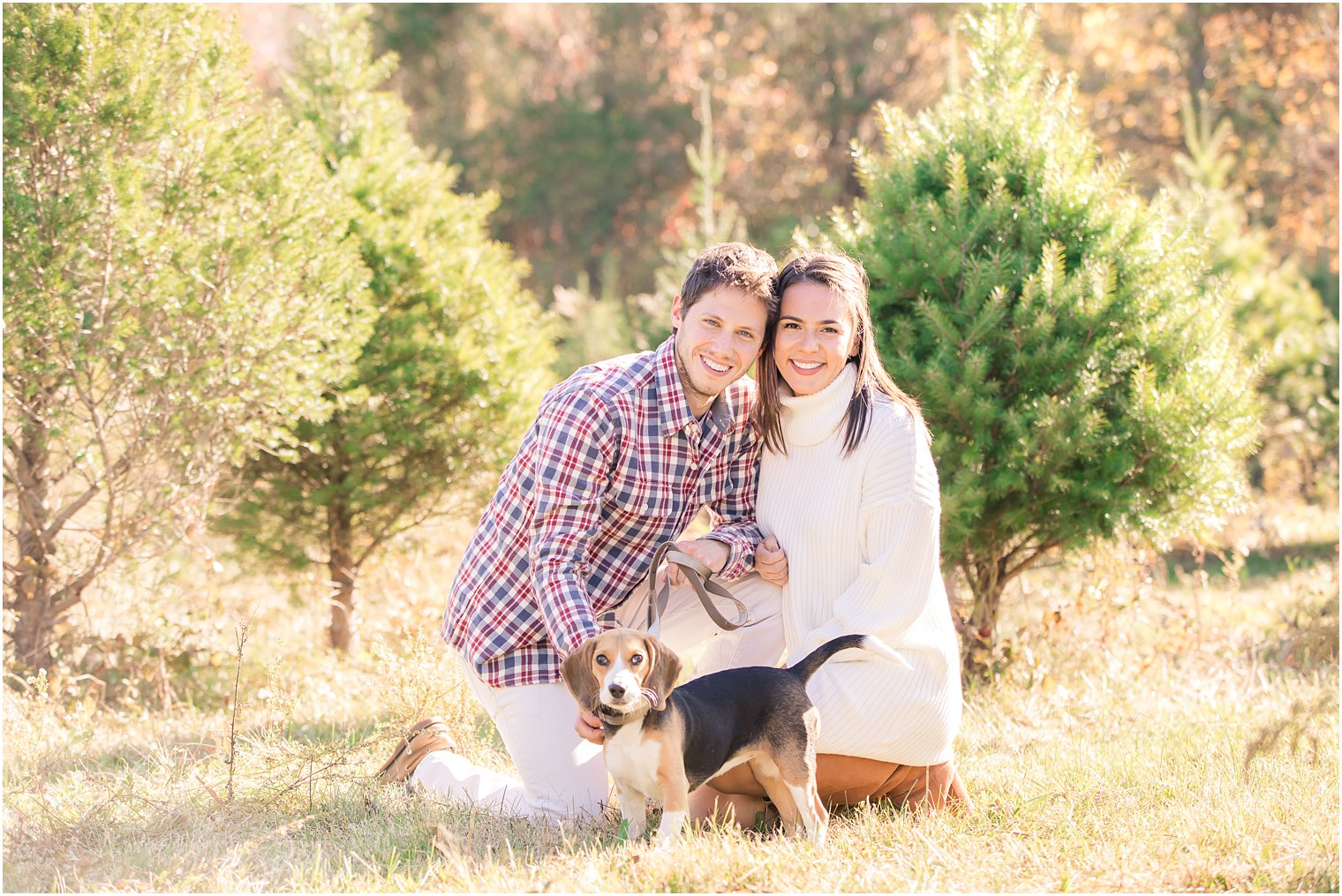 engaged couple poses with puppy during Christmas Tree Farm engagement session