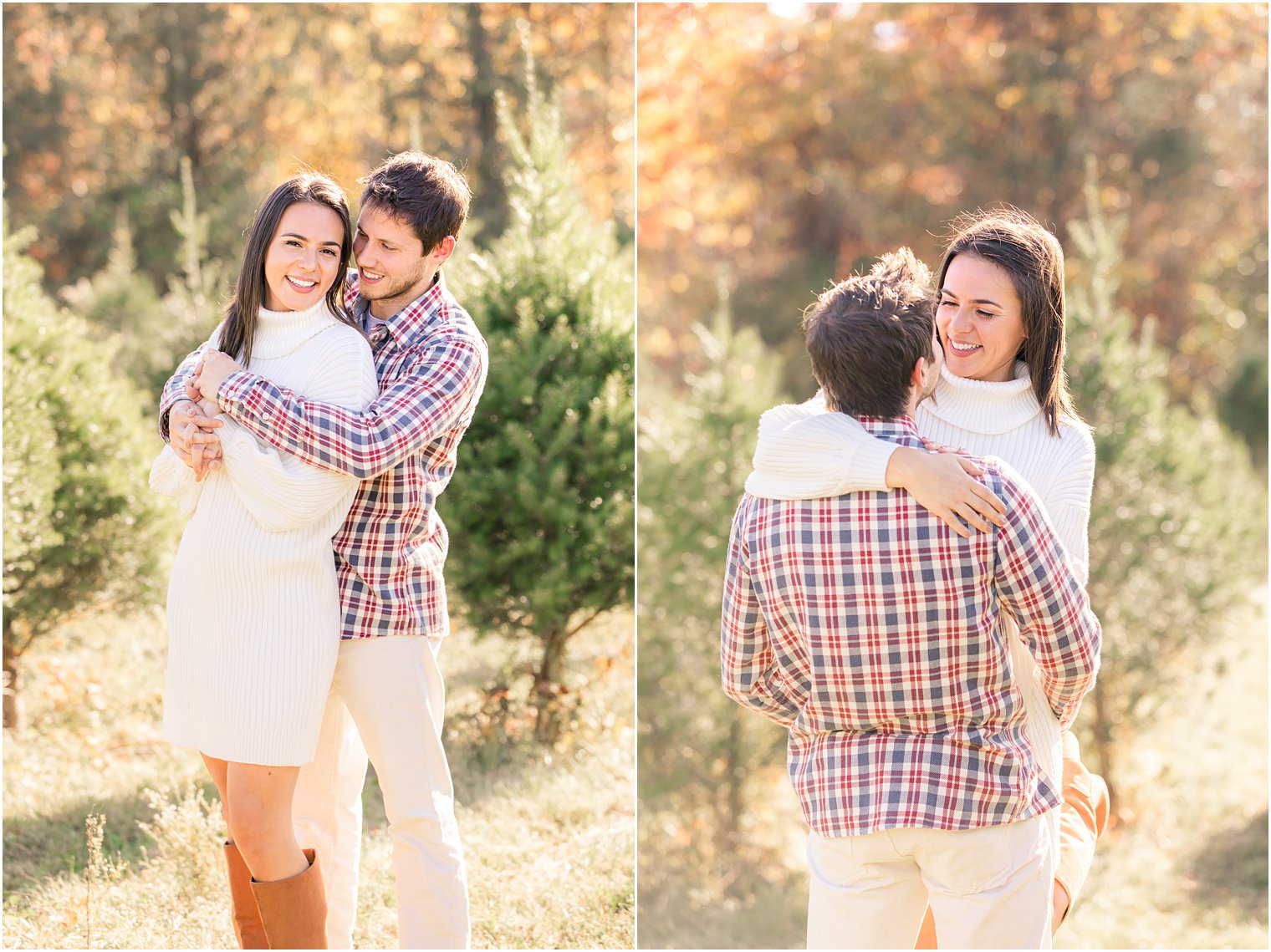 bride and groom pose among Christmas trees in New Jersey