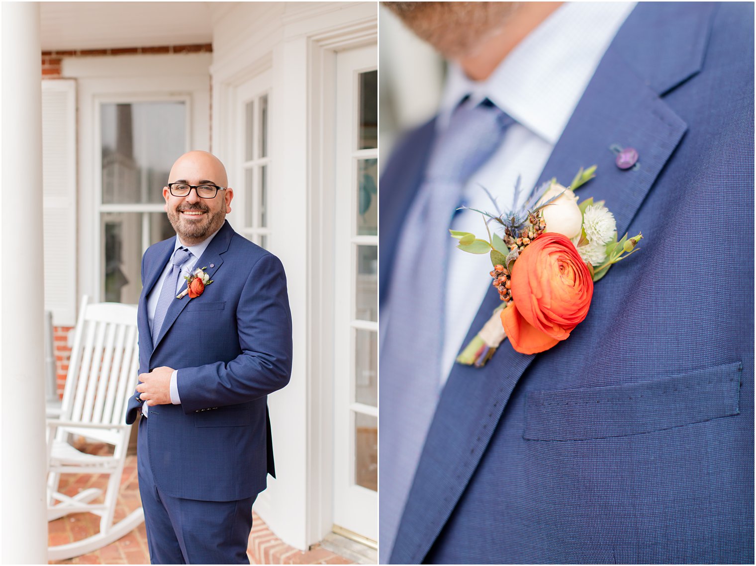 groom with navy suit and coral boutonnière poses outside Eagle Manor