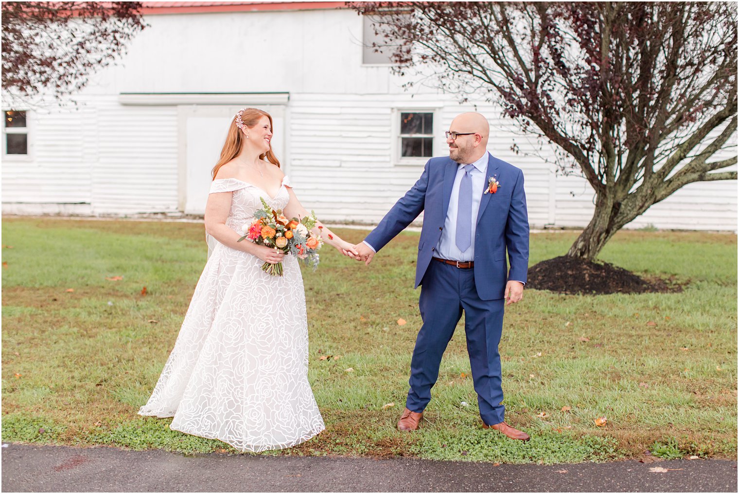 newlyweds walk outside Eagle Manor in Fairton NJ